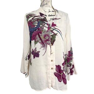 Citron Santa Monica Silk Top Floral Button-Up Tunic Cream Purple Women Size L
